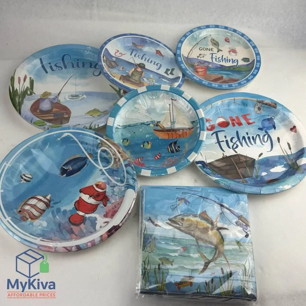 Fishing Birthday Party Paper Plates & Napkins Set Disposable Fisherman Tableware